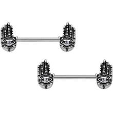 Load image into Gallery viewer, 14G 9/16 Clear Gem Hamsa Hand Barbell Nipple Ring Set
