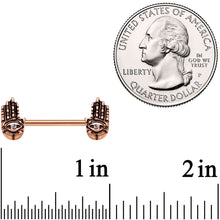 Load image into Gallery viewer, 9/16 Clear Gem Rose Gold Tone Hamsa Hand Barbell Nipple Ring Set
