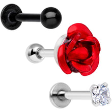 Load image into Gallery viewer, 16G 1/4 Clear Gem Red Rose Flower Cartilage Tragus Earring Set of 3
