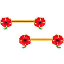 Load image into Gallery viewer, 14G 9/16 Gold Tone Field of Poppies Barbell Nipple Ring Set
