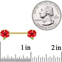 Load image into Gallery viewer, 14G 9/16 Gold Tone Field of Poppies Barbell Nipple Ring Set
