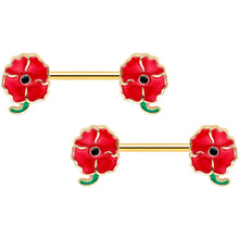 Load image into Gallery viewer, 14G 9/16 Gold Tone Blooming Poppies Barbell Nipple Ring Set
