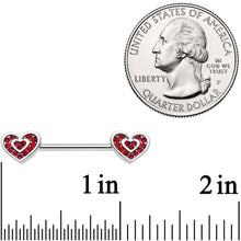 Load image into Gallery viewer, 14G 5/8 Red Gem Wrapped Hearts Barbell Nipple Ring Set
