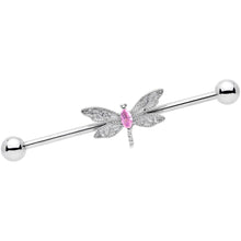 Load image into Gallery viewer, 14G Pink Gem Dazzling Lacework Dragonfly Industrial Barbell 38mm
