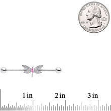 Load image into Gallery viewer, 14G Pink Gem Dazzling Lacework Dragonfly Industrial Barbell 38mm
