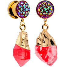 Load image into Gallery viewer, Pink Faux Druzy Quartz Gold Tone Dangle Screw Fit Plug Set 8mm to 16mm
