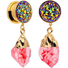 Load image into Gallery viewer, Pink Faux Druzy Quartz Gold Tone Dangle Screw Fit Plug Set 8mm to 16mm
