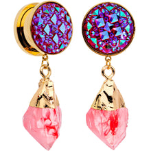 Load image into Gallery viewer, Pink Faux Druzy Quartz Gold Tone Dangle Screw Fit Plug Set 8mm to 16mm
