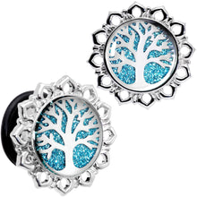 Load image into Gallery viewer, Blue Glitter Inlay Tree of Life Single Flare Plug Set 6mm to 20mm
