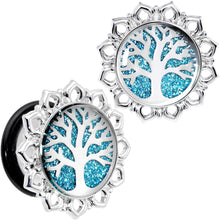 Load image into Gallery viewer, Blue Glitter Inlay Tree of Life Single Flare Plug Set 6mm to 20mm
