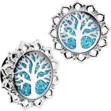 Load image into Gallery viewer, Blue Glitter Inlay Tree of Life Single Flare Plug Set 6mm to 20mm
