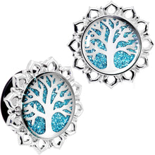 Load image into Gallery viewer, Blue Glitter Inlay Tree of Life Single Flare Plug Set 6mm to 20mm
