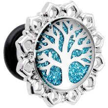 Load image into Gallery viewer, Blue Glitter Inlay Tree of Life Single Flare Plug Set 6mm to 20mm
