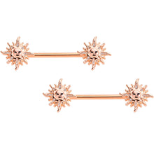 Load image into Gallery viewer, 14G 5/8 Glitter Inlay Rose Gold Tone Sun Barbell Nipple Ring Set
