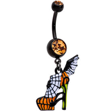 Load image into Gallery viewer, Orange Gem Black Halloween Batty Spider Stiletto Dangle Belly Ring
