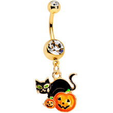 Load image into Gallery viewer, Clear Gem Gold Tone Black Cat Jack O Lantern Dangle Belly Ring
