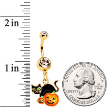 Load image into Gallery viewer, Clear Gem Gold Tone Black Cat Jack O Lantern Dangle Belly Ring
