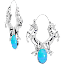 Load image into Gallery viewer, Blue Faux Opal Leaping Unicorns Tunnel Plug Earrings
