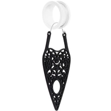 Load image into Gallery viewer, Black Spirit of Halloween Planchette Tunnel Plug Earrings
