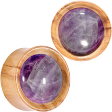 Load image into Gallery viewer, Purple CZ Gem Olive Wood Natural Beauty Saddle Plug Set 5mm to 25mm
