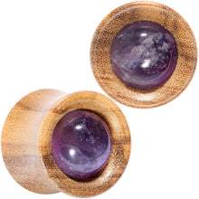 Load image into Gallery viewer, Purple CZ Gem Olive Wood Natural Beauty Saddle Plug Set 5mm to 25mm
