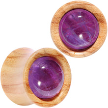 Load image into Gallery viewer, Purple CZ Gem Olive Wood Natural Beauty Saddle Plug Set 5mm to 25mm
