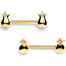Load image into Gallery viewer, 14G 9/16 Clear Gem Gold Tone Tulips Flower Barbell Nipple Ring Set
