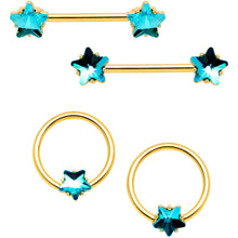Load image into Gallery viewer, 14G Blue Gem Star Gold Tone Captive Barbell Nipple Ring Set
