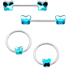 Load image into Gallery viewer, 14G Blue Gem Butterfly Captive Barbell Nipple Ring Set
