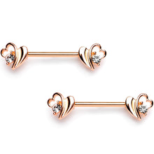 Load image into Gallery viewer, 9/16 Clear Gem Rose Gold Tone Love Wave Barbell Nipple Ring Set
