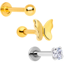 Load image into Gallery viewer, 16G 5/16 Clear Gem Gold Tone Variety Butterfly Cartilage Tragus Set of 3
