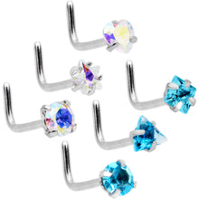 Load image into Gallery viewer, 20G 5/16 Aurora Aqua Gem Variety L Shaped Nose Ring 6 Pack Set
