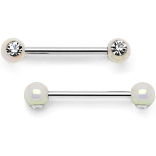 Load image into Gallery viewer, 9/16 Clear Gem White Pearlescent Acrylic Barbell Nipple Ring Set
