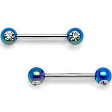 Load image into Gallery viewer, 9/16 Clear Gem Blue Pearlescent Acrylic Barbell Nipple Ring Set
