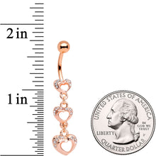 Load image into Gallery viewer, Clear Gem Rose Gold Tone Hanging Hearts Dangle Belly Ring
