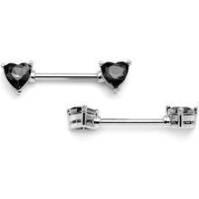Load image into Gallery viewer, 14G 9/16 Black Gem Hearts of Love Barbell Nipple Ring Set
