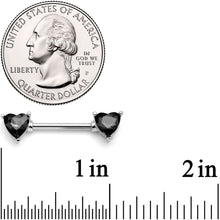 Load image into Gallery viewer, 14G 9/16 Black Gem Hearts of Love Barbell Nipple Ring Set
