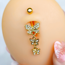 Load image into Gallery viewer, Clear Gem Gold Tone Flight Of Butterflies Dangle Belly Ring
