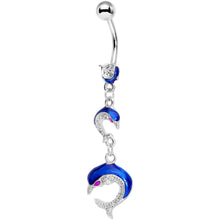 Load image into Gallery viewer, Purple Gem Blue Glitter Dolphins Dangle Belly Ring
