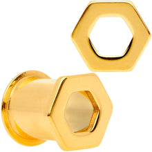 Load image into Gallery viewer, Gold Tone Geometric Hexagon Double Flare Tunnel Plug Set 3mm to 25mm
