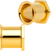 Load image into Gallery viewer, Gold Tone Geometric Hexagon Double Flare Tunnel Plug Set 3mm to 25mm
