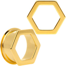 Load image into Gallery viewer, Gold Tone Geometric Hexagon Double Flare Tunnel Plug Set 3mm to 25mm
