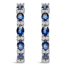 Load image into Gallery viewer, 14K White Gold 4x3mm Oval Blue Sapphire and 1/4 Cttw Diamond Alternating Hoop Earring (I-J Color, SI2-I1 Clarity)

