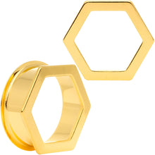 Load image into Gallery viewer, Gold Tone Geometric Hexagon Double Flare Tunnel Plug Set 3mm to 25mm
