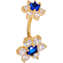 Load image into Gallery viewer, Blue Clear CZ Gem Gold Tone Double Flower Delight Double Mount Belly Ring
