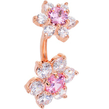 Load image into Gallery viewer, Pink Clear CZ Gem Rose Gold Tone Double Flower Delight Double Mount Belly Ring
