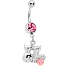 Load image into Gallery viewer, Pink Gem Color Yarn Cuddling Kittens Dangle Belly Ring
