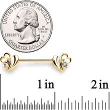 Load image into Gallery viewer, 14G 9/16 Clear Gem Gold Tone Love Wave Barbell Nipple Ring Set
