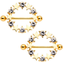 Load image into Gallery viewer, 14G 7/8 Clear Gem Gold Tone Ring of Stars Nipple Shield Set
