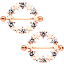 Load image into Gallery viewer, 14G 7/16 Clear Gem Rose Gold Tone Ring of Stars Nipple Shield Set
